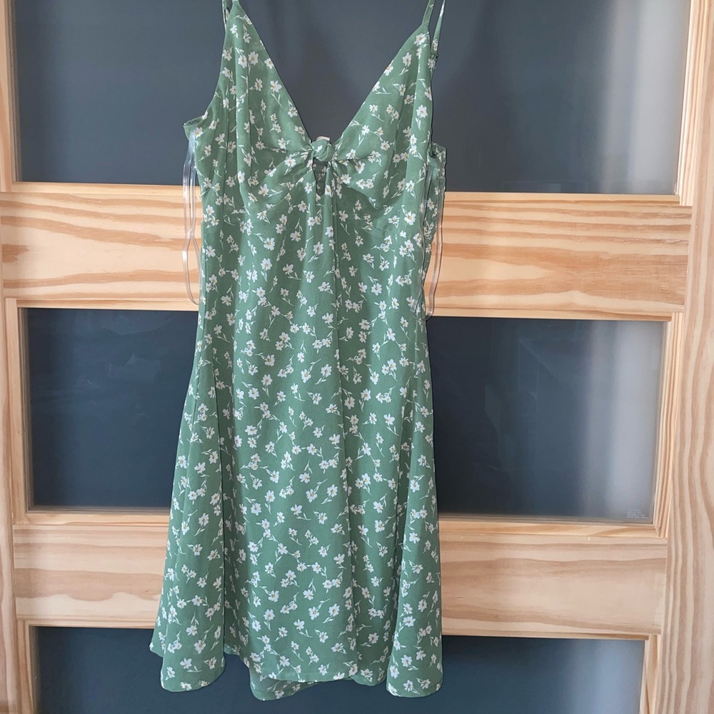 Green Floral Front Tie Dress